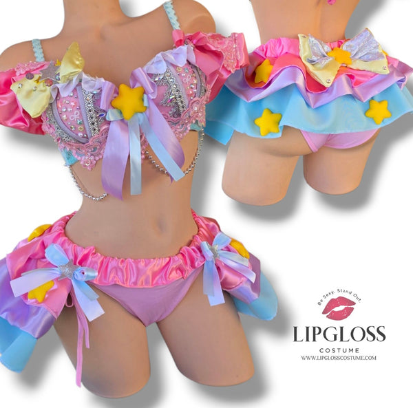 Kawaii Magical Girl Two-Piece Rave Costume Set | Pink Pastel Star Bra & Ruffle Skirt | Anime Festival Halloween Outfit for Women