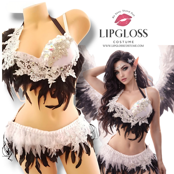Devil Angel Sexy Costume, Indian costume, Dark Black Swan, Womans Black White Feather Costume Women