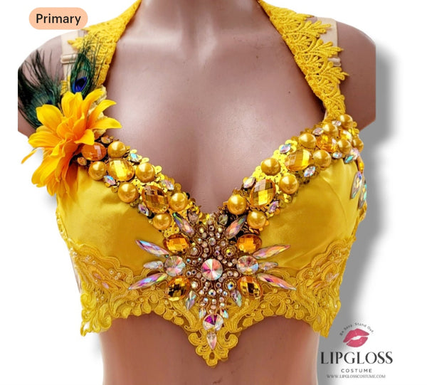 Yellow Carnival Samba Top Women | Gold Pearl Rhinestone Festival Top | Samba Costume | Halloween Costume Top