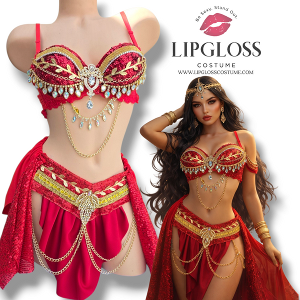 Red Gold Jasmine Arabian Goddess Costume Women | Sequin Bralette Skirt Set | Egyptian Princess Belly Dance