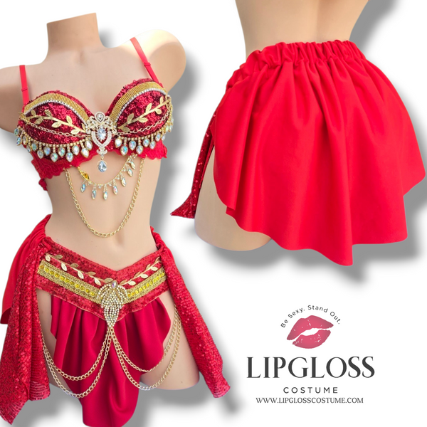 Red Gold Jasmine Arabian Goddess Costume Women | Sequin Bralette Skirt Set | Egyptian Princess Belly Dance